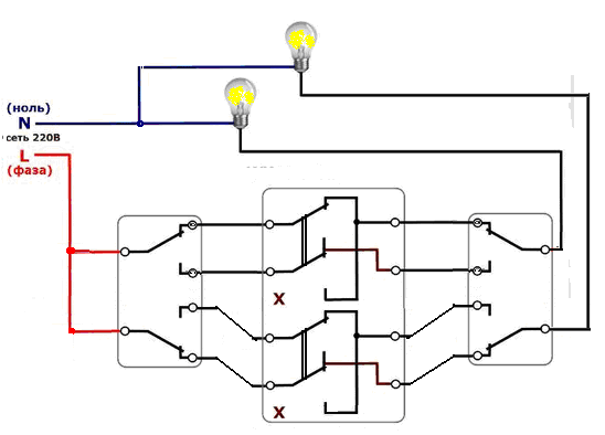 схема подключения перекрестного двухклавишного выключателя